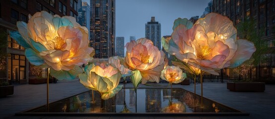 Large, luminous flowers in a city plaza