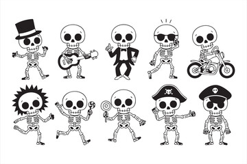 Funny skeleton vector illustrations for Halloween and Day of the Dead themes
