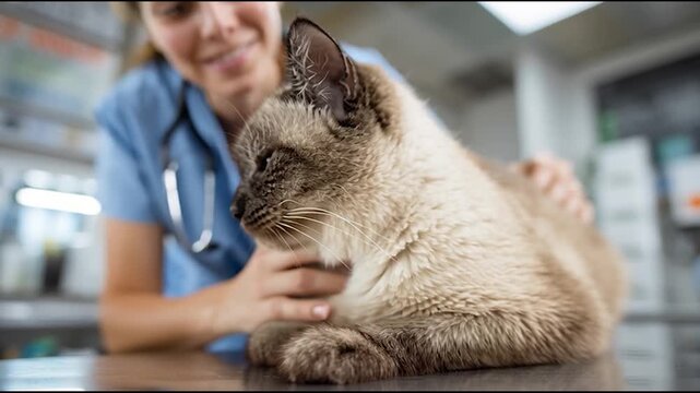 A veterinarian smiling at a cat in a clinic setting.