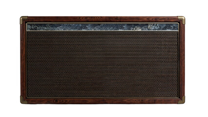 Retro wooden speaker cabinet with vintage mesh front and brass corner accents isolated on the transparent background
