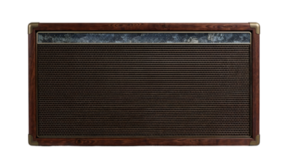 Retro wooden speaker cabinet with vintage mesh front and brass corner accents isolated on the transparent background