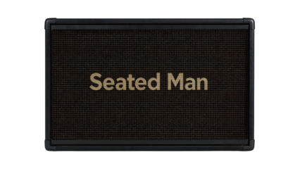 Rectangular black guitar amplifier with dark brown speaker grill and text seated man centered on front panel isolated on the transparent background