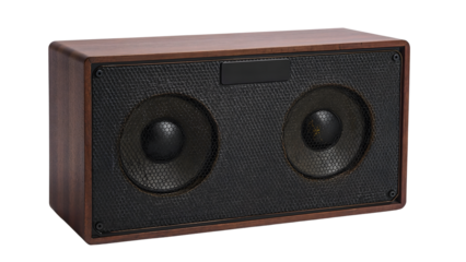 Retro wooden bluetooth speaker with dual drivers and textured black front panel for modern home audio decor