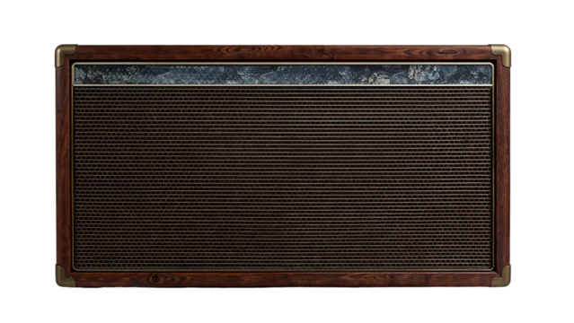 Retro wooden speaker cabinet with vintage mesh front and brass corner accents isolated on the transparent background