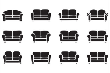 Couch icon collection in black vector style for home decor graphics