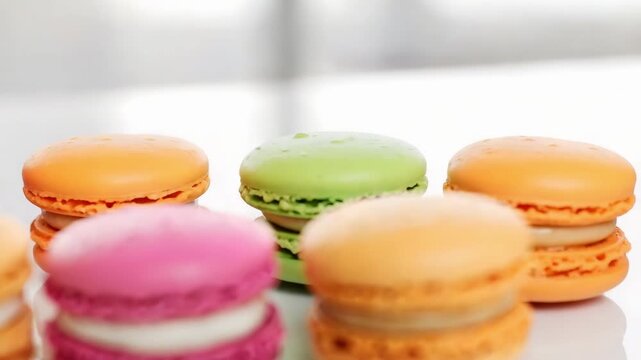 Assorted colorful macarons lined up on a white surface.
