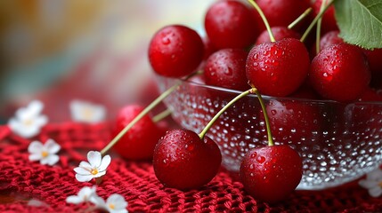 Cherries on glass splash back and red crochet table centerpiece