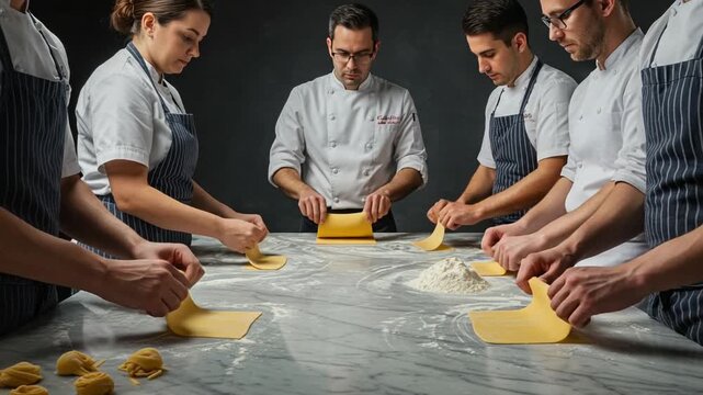 Chefs Preparing Fresh Pasta in a Professional Kitchen