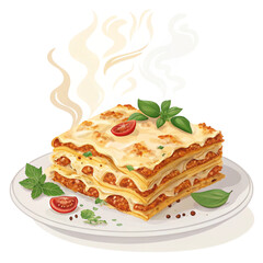 Delicious lasagna slice with melted cheese layers on transparent background for Italian restaurant branding
