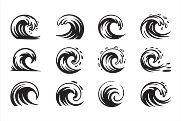 Abstract swirling ocean wave illustrations in black vector style