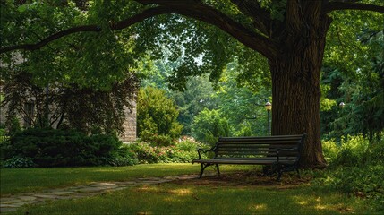 Empty wooden park bench under a large shady tree in a lush green garden