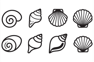 Vector seashell icons set with conch, scallop, and spiral shell designs