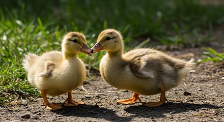 Obraz premium Two baby ducks face each other