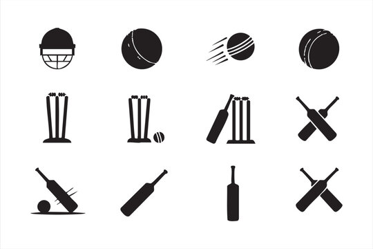 Black silhouette cricket icons collection for sports illustration