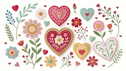 Naklejka premium Beautiful heart motifs mixed with floral elements, illustration art. Separate white background.
