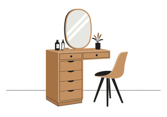 Modern Wooden Vanity Set with Chair and Mirror.