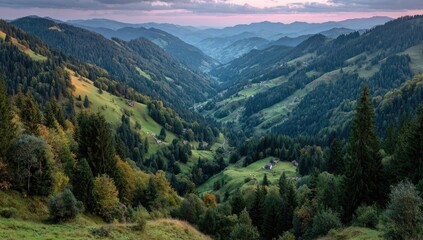 Fototapeta premium Mountain valley, pastoral scene, sunset hues