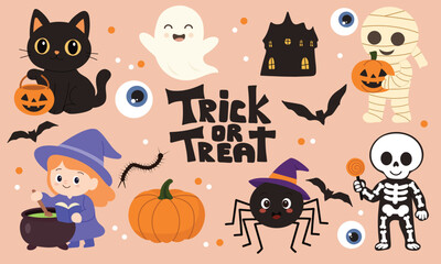 Cute Halloween Characters and Elements Hand Drawn Vector Art