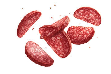 Sliced cured meat falling gracefully against a white backdrop.