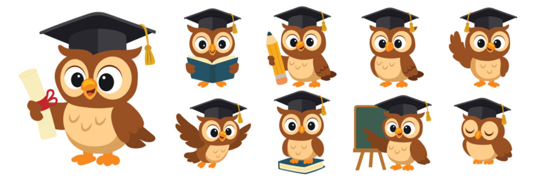 Graduation Owls in Various Poses. Hand Drawn Vector Art