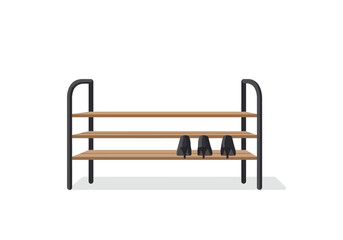 Modern Three-Shelf Wooden Shoe Rack with Black Metal Frame.