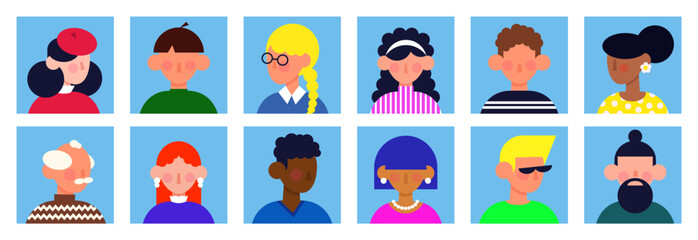 Set of cartoon avatars. Different faces in flat geometric style. Vector illustration.