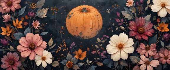 Abstract floral halloween theme minimalist Monochrome Magic palette colors palette used in creative way, dark and fkeaks of lights playing in harmony, perfect blending, seamless pattern, copy space,