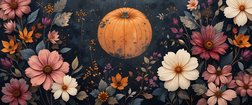 Abstract floral halloween theme minimalist Monochrome Magic palette colors palette used in creative way, dark and fkeaks of lights playing in harmony, perfect blending, seamless pattern, copy space,