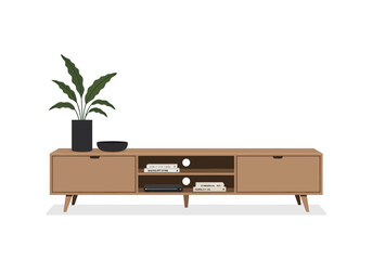 Modern Wooden TV Stand with Plant and Bowls.