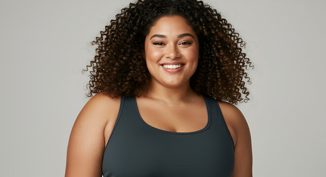 Confident plus-size woman smiling in sportswear, promoting body positivity and healthy lifestyle