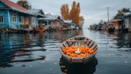 Fototapeta premium Wooden boat laden with orange flowers and candle floats on canal, colorful houses in background