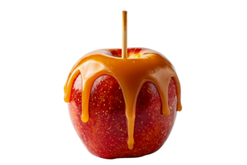 A Halloween candy apple with dripping caramel, isolated on a transparent background.