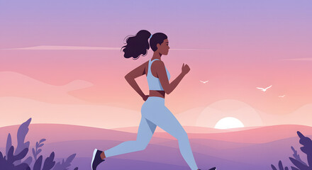 Minimalist fitness illustration of a young woman running outdoors at sunrise, pastel color palette, flat vector style, aesthetic and modern design
