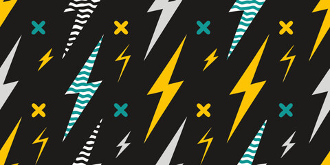 Dynamic abstract pattern featuring yellow teal and white lightning bolts on a black background with scattered crosses