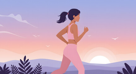 Minimalist fitness illustration of a young woman running outdoors at sunrise, pastel color palette, flat vector style, aesthetic and modern design