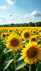 Obraz premium Vast sunflower field, golden blooms under summer sky Breathtaking vista , green, rural