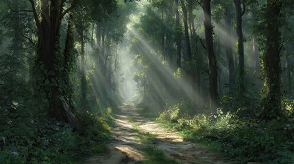Obraz premium Sunlight streams through lush green forest illuminating a winding path