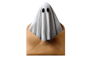 A Halloween ghost emerging from an envelope, isolated on a transparent background.