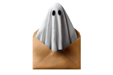 A Halloween ghost emerging from an envelope, isolated on a transparent background.