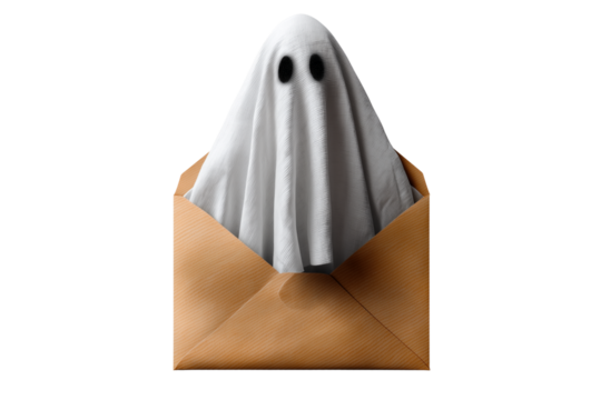 A Halloween ghost emerging from an envelope, isolated on a transparent background.