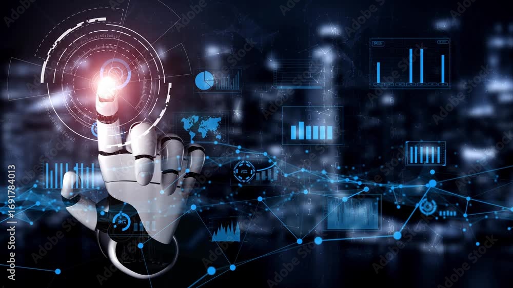 Poster a robotic hand interacts with a high-tech digital interface showcasing various data analytics and vi