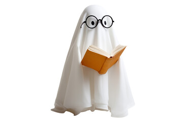 A Halloween ghost wearing round glasses and reading a book, isolated on a transparent background.