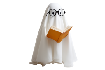 A Halloween ghost wearing round glasses and reading a book, isolated on a transparent background.