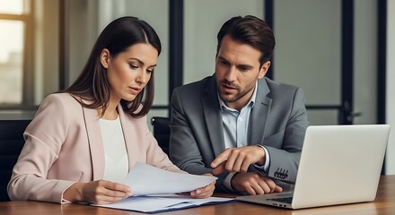 Business Colleagues Discussing Project Plans Together at Office Desk with Laptop and Documents while collaborating with