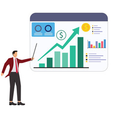 A businessman presenting a bar graph with an upwardpointing arrow, isolated on white background, symbolizing financial growth and positive business trends