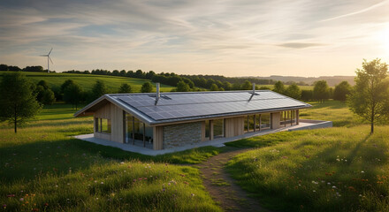 Sustainable Solar Powered Eco House in Lush Green Countryside at Sunset, Modern Energy Efficient Home Architecture