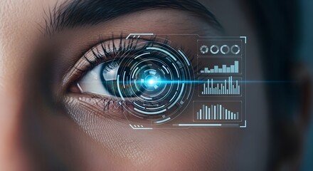 Extreme close-up captures a human eye analyzing complex data visualizations on a futuristic augmented reality interface, glowing with vibrant blue light.