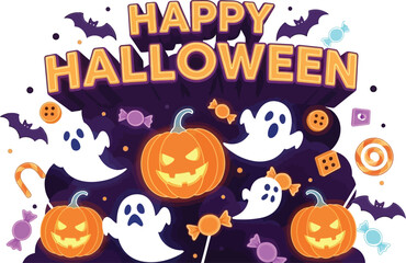 Happy halloween greeting card with pumpkins, ghosts, bats, and candies for a spooky and festive celebration