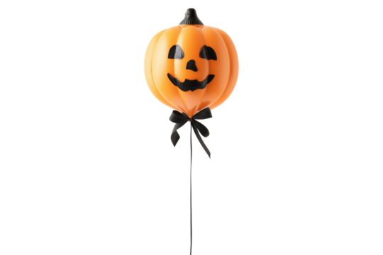A Halloween pumpkin balloon tied with black ribbon, isolated on a transparent background.