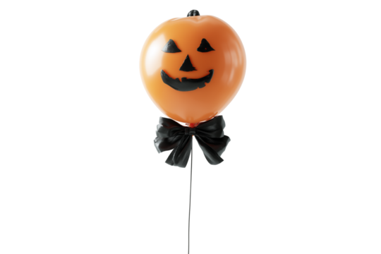 A Halloween pumpkin balloon tied with black ribbon, isolated on a transparent background.